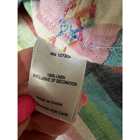 JOHN MARK Rainbow Striped 100% Linen Embroidered Raw Hem Blouse Top Sz S - Picture 8 of 11